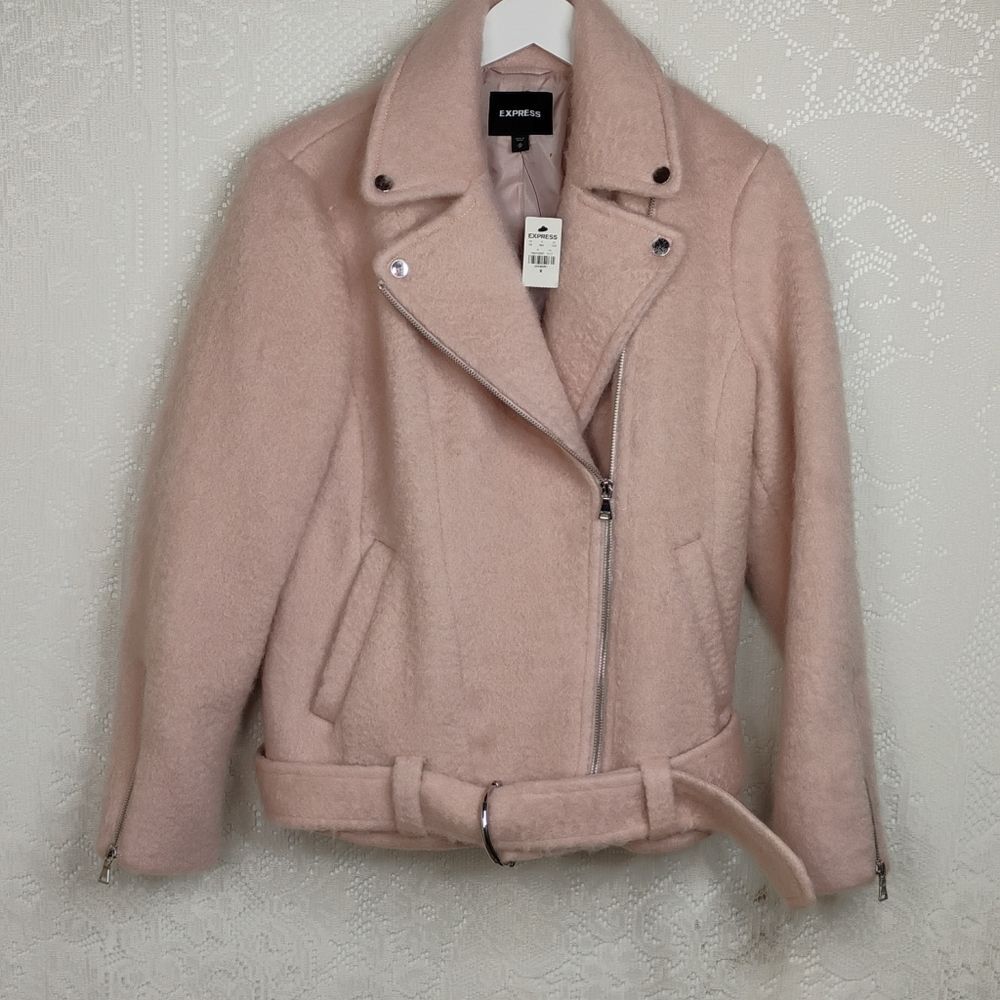 Express Pink Wool Blend Belted Moto Jacket Coat Medium - Picture 8 of 16